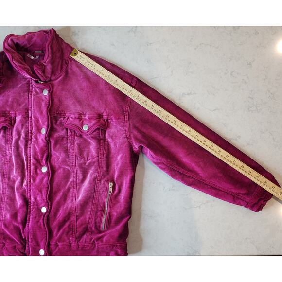 FREE PEOPLE Velvet Bomber Trucker Jacket Fuchsia Women's Size XS Fully Lined - Picture 10 of 15